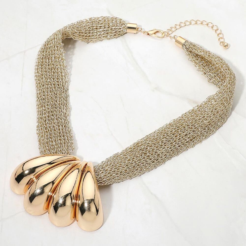Gold Cluster Beaded Metal Abstract Pendant Mesh Necklace Drama Statement Jewelry